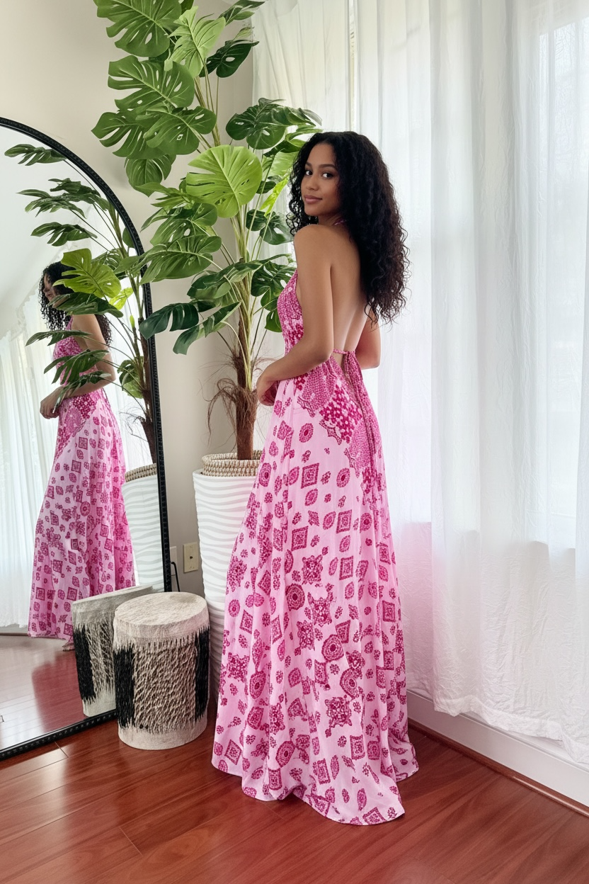 Pink Oasis Backless Maxi Dress