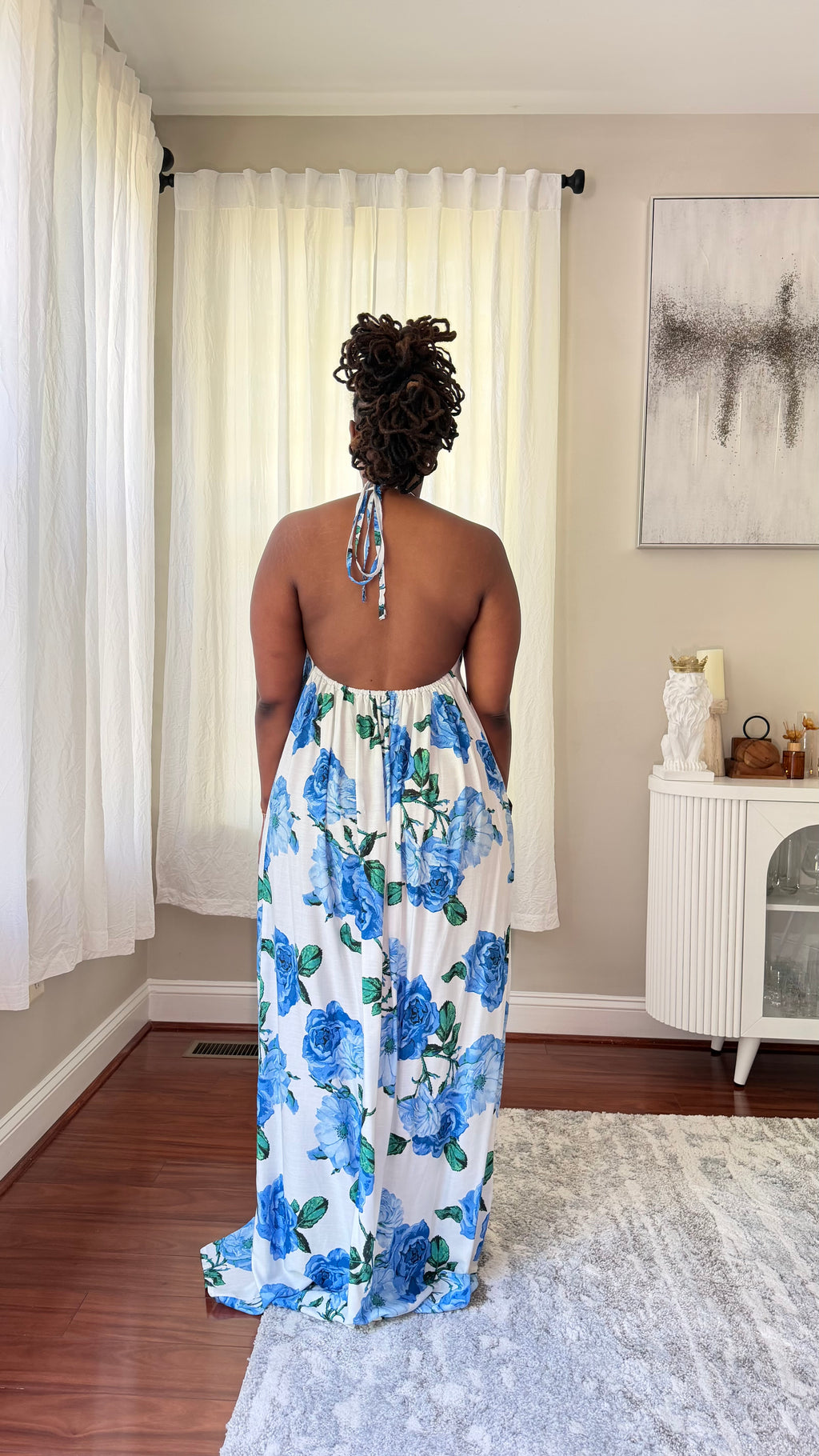 Blue Blossom Backless Maxi Dress