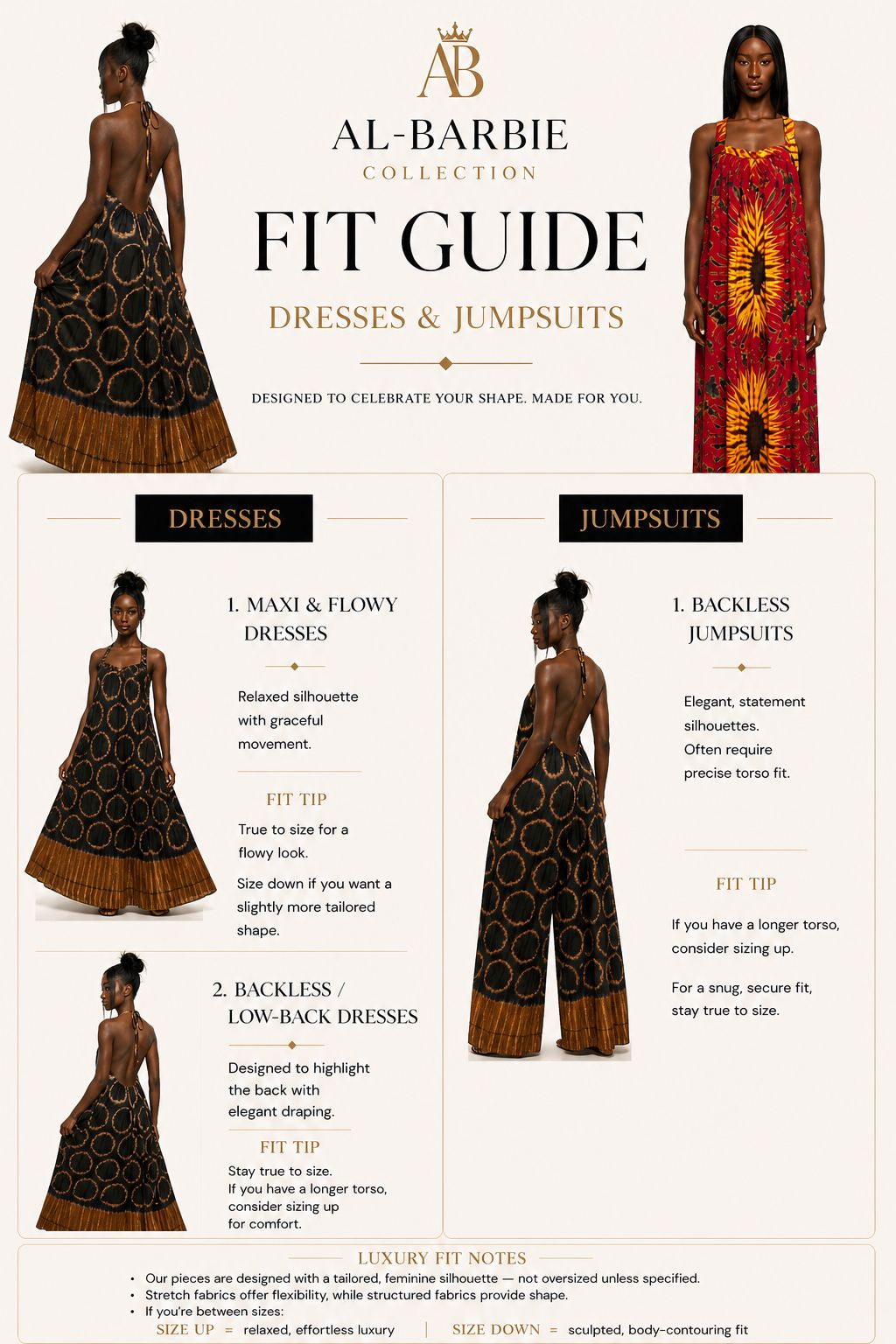 Al-Barbie Collection Fit Guide for dresses and jumpsuits with model illustrations.